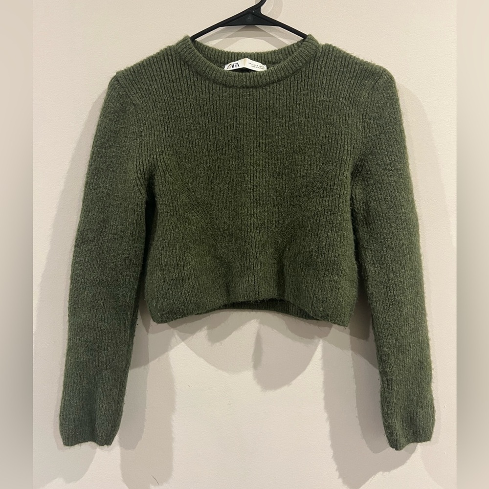 Zara Olive Green Ribbed Crop Sweater - Picture 1 of 5